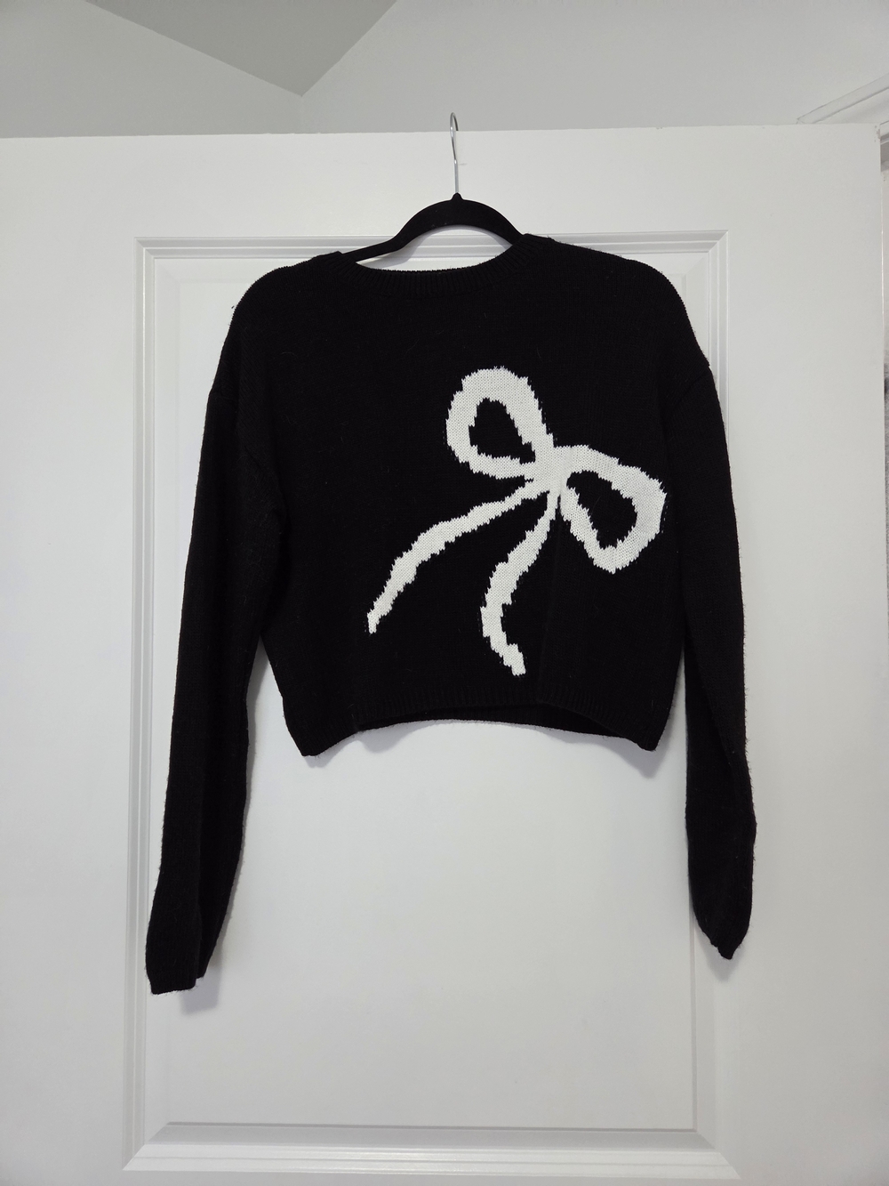 Black Sweater with White Bow Graphic - Women Sweaters